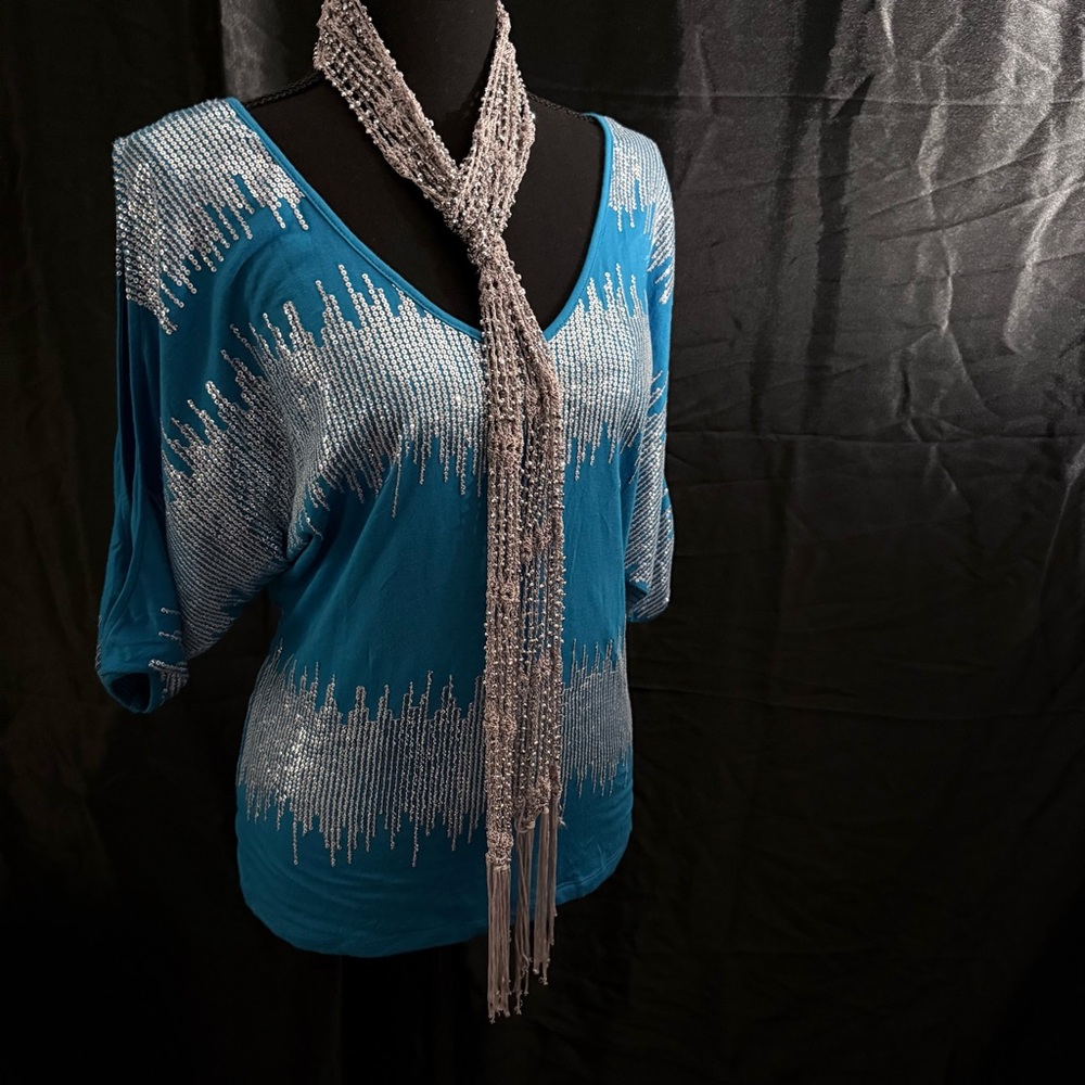 Bebe Teal Sequin Draped Top Size • S • Silver Scarf NOT included.